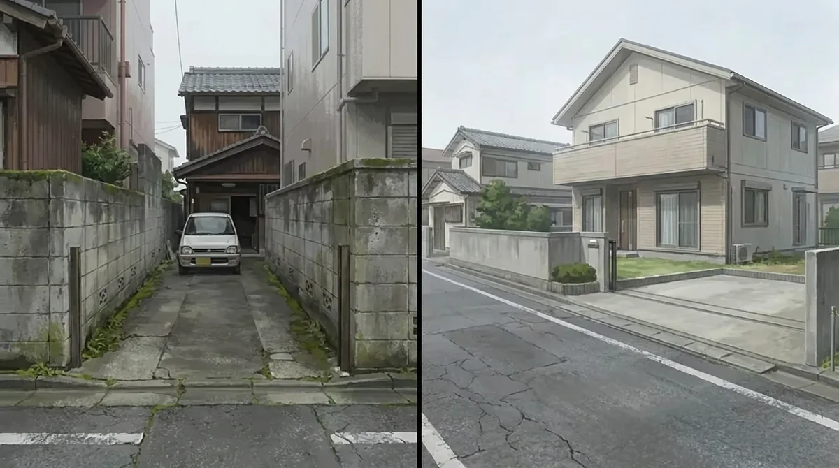 旗竿地の住宅と、道路に正面が向いた整形地の住宅の比較