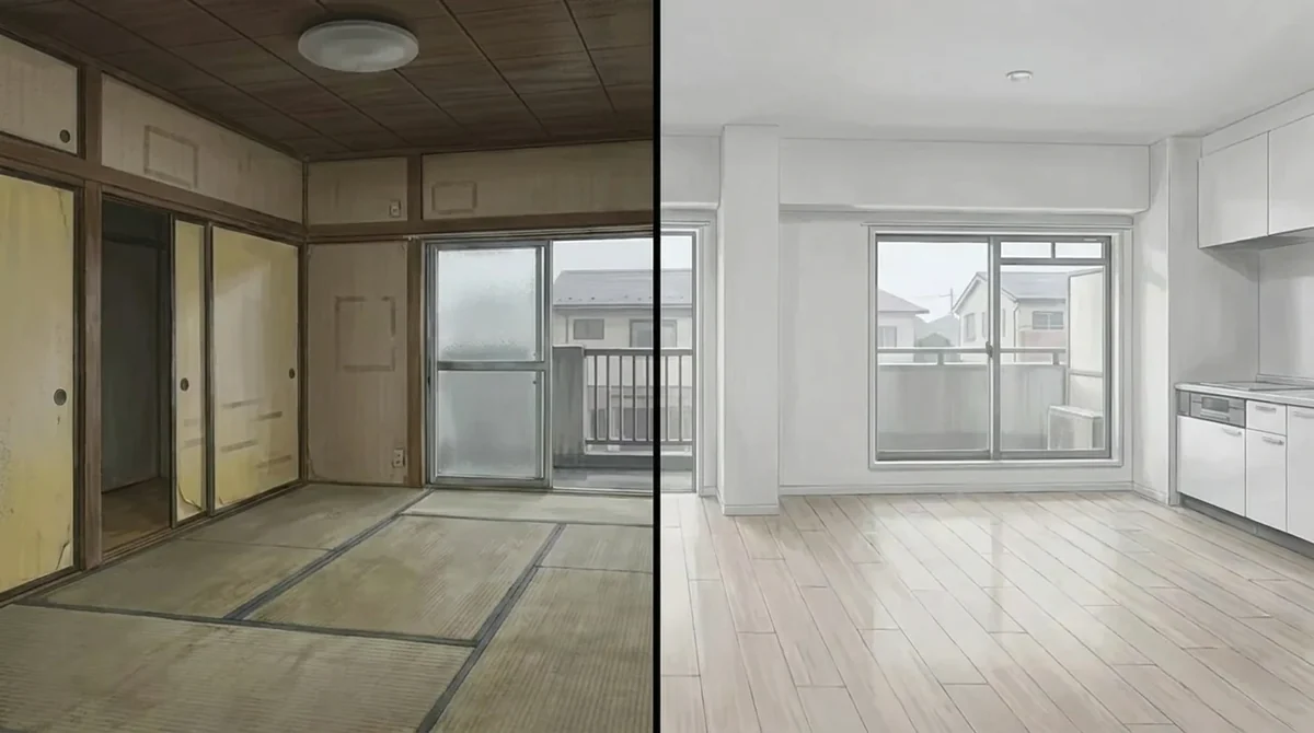 改装していない部屋と、同じ部屋を改装したあとの比較