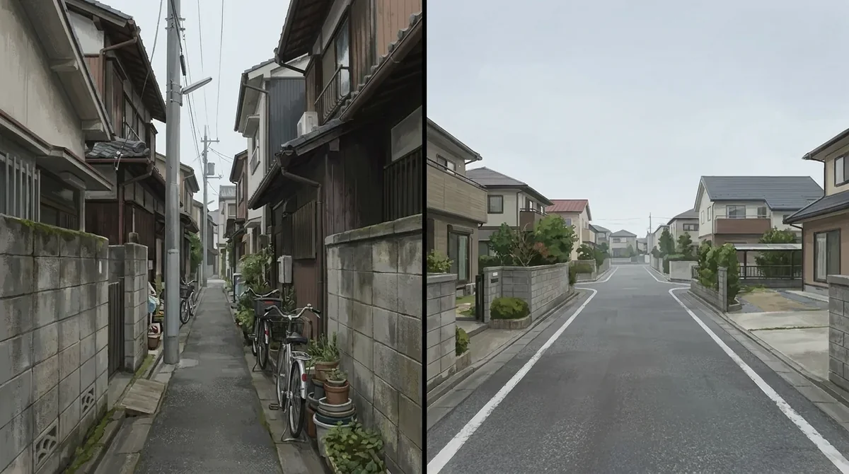 幅の狭い道路に面した住宅と、広い道路に面した住宅の比較