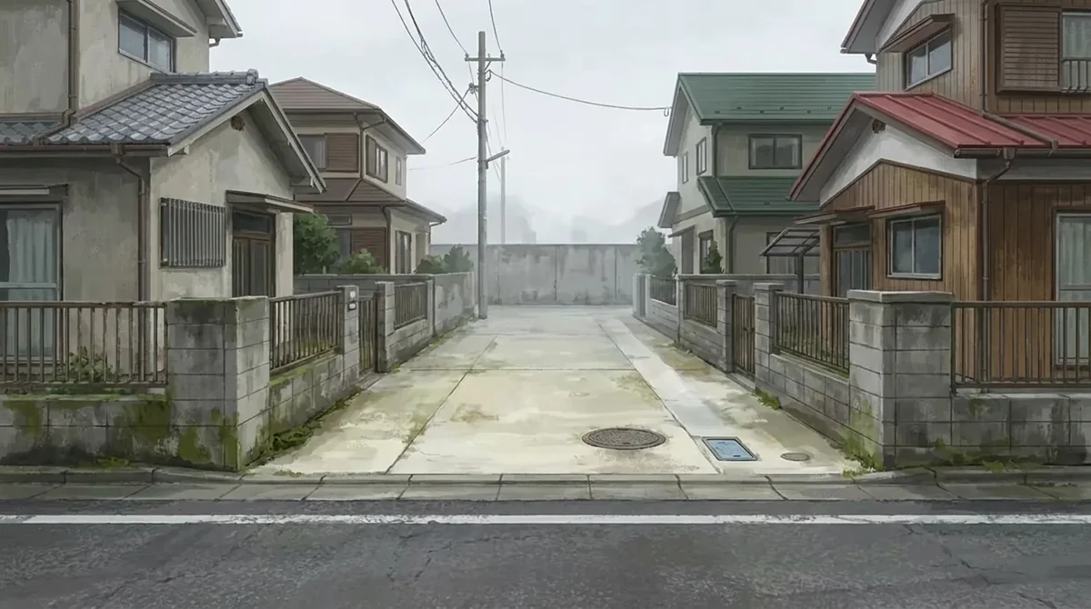 公道から分かれて奥へ続く私道と、それに面した住宅